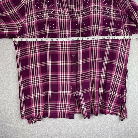 SIMPLY EMMA Plus Woman Size 2X Purple Plum Plaid Blouse Sparkle Tab Sleeve - Picture 10 of 12
